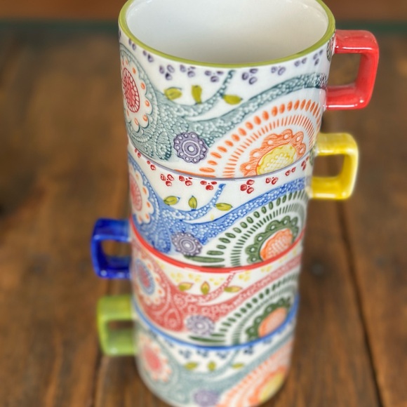 Pier 1 Hand Painted Paisley Stacking Porcelain Mugs With Square Handles - Picture 3 of 7